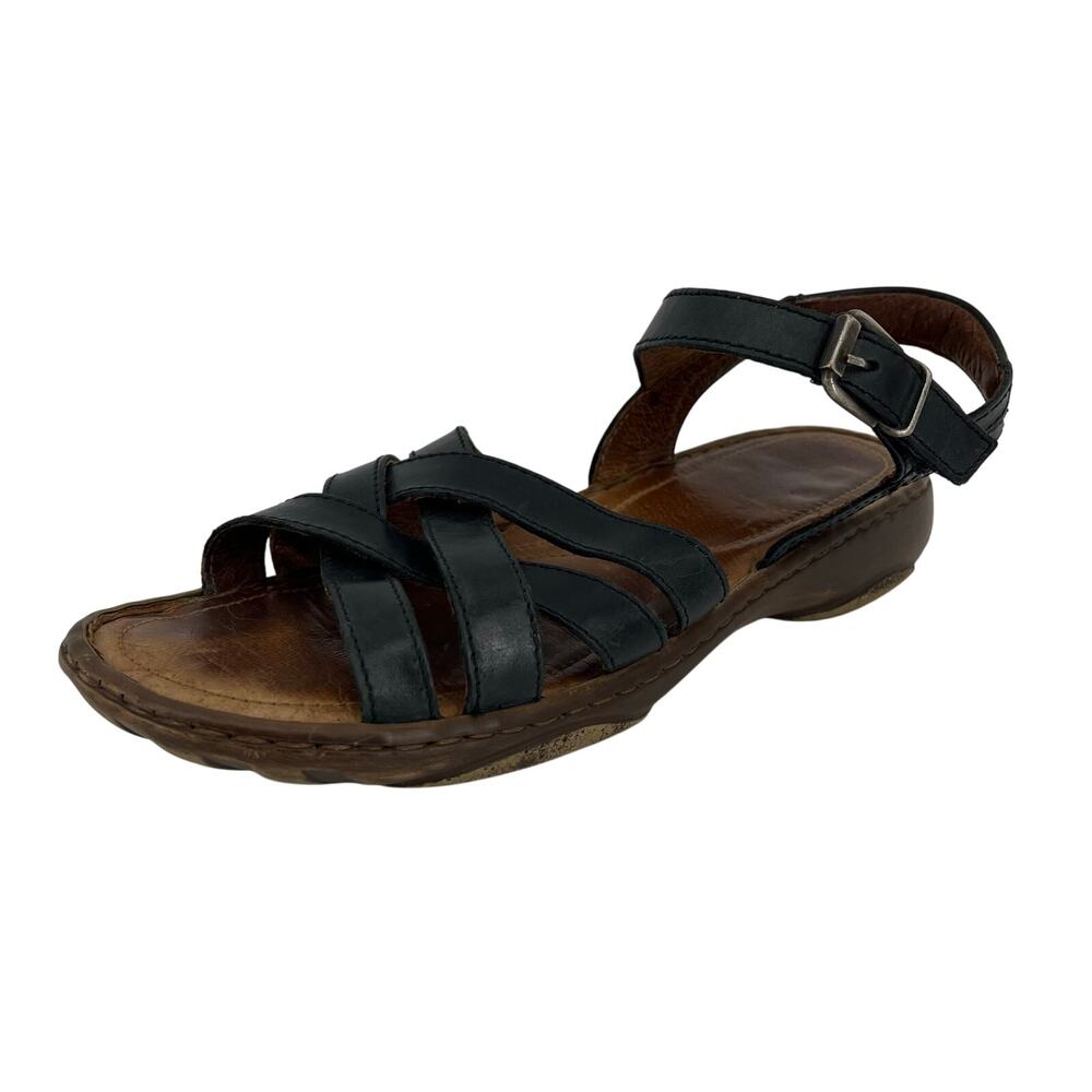 Josef Seibel Women's Black Leather Open Toe Slingback Flat Sandal (9) Clea